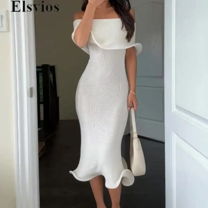 Sexy Solid Lotus Edge Midi Dress Elegant Princess One Shoulder Slim ...