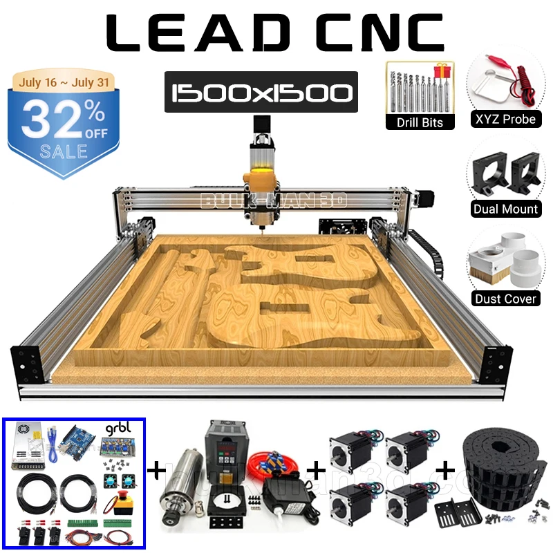 

BulkMan 3D 1500x1500mm Lead CNC Machine Full Kit with Maker Shield GRBL Controller Screw Driven 4Axis Milling Engraver