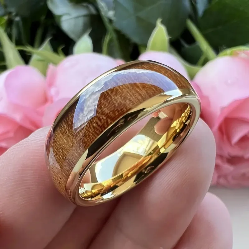 8mm Yellow Gold Tungsten Carbide Rings For Men Women Wood Inlay Wedding Band Polished with Comfort Fit