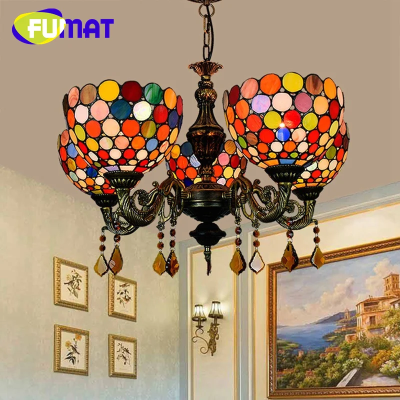 

FUMAT Tiffany style Stained glass Retro Glitz Bohemia 5 head crystal Pendant lamp Restaurant Bedroom Corridor Bar Cafe decor