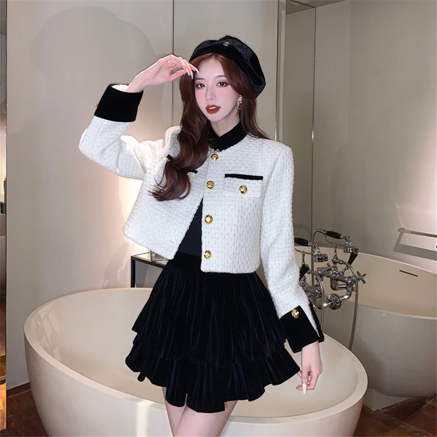 Korean Spliced Cropped Tweed Jacket Women Spring Single Breasted Streetwear Outerwear Stand Collar Coat Fashion Vintage_voghion.com
