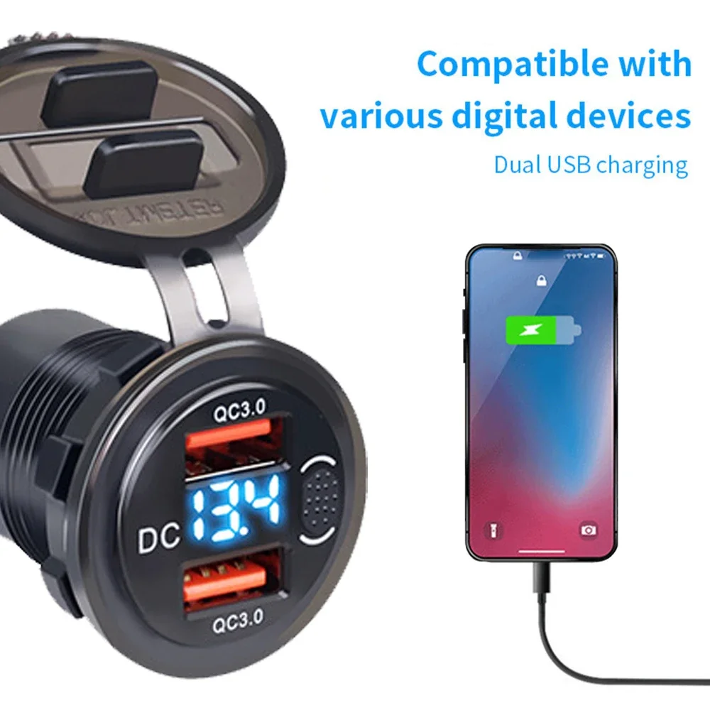 듀얼 Qc3.0 차량용 충전기 담배 라이터 소켓 전압계 스위치가있는 방수 Usb 고속 충전 12/24V 빠른 충전 어댑터