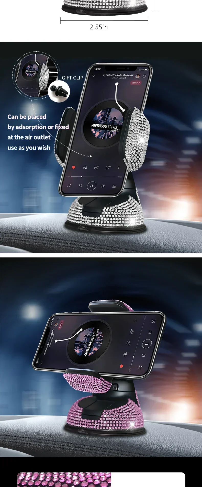 Supporto Telefono Auto Regolabile Con Brillantini Rosa - Perfetto Per Ragazze E Donne - Foto 1