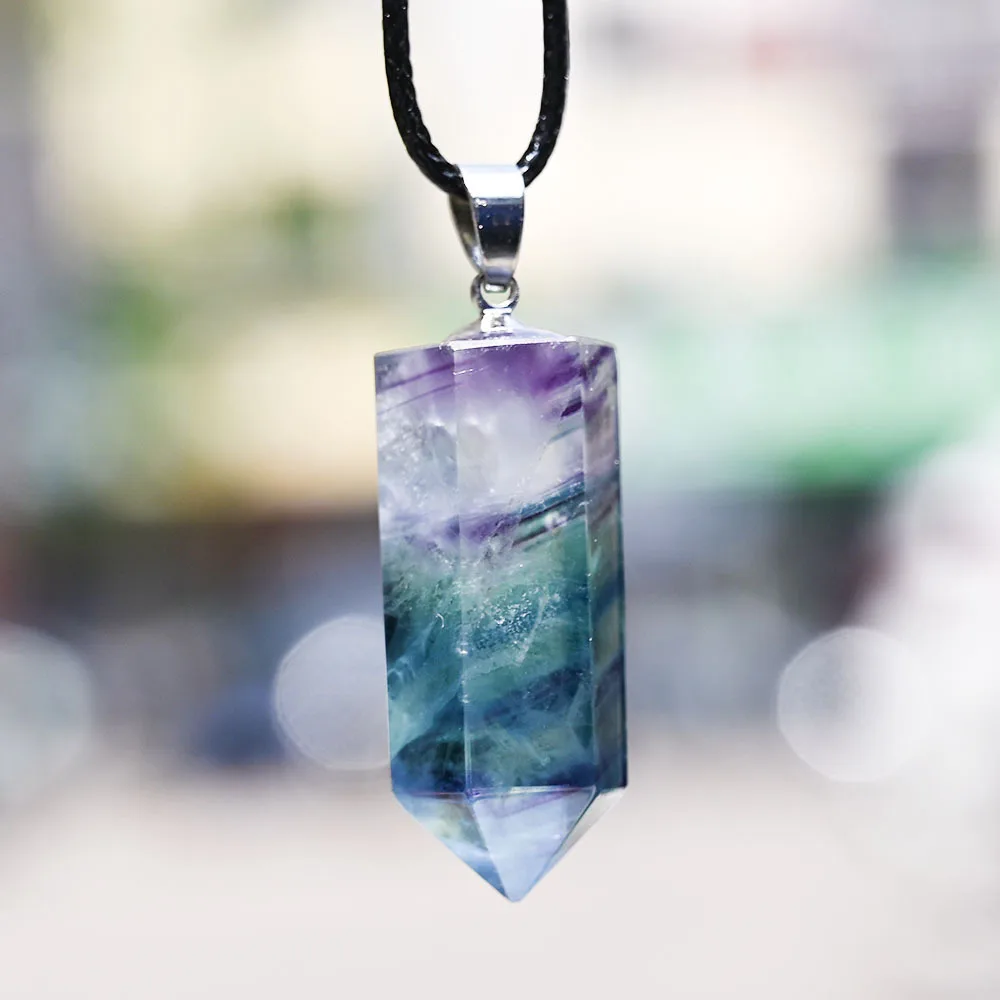 

Natural Rainbow Fluorite Gemstone Hexagonal Pointed Reiki Healing Chakra Crystal Quartz Fluorite Stone Wand Pendant Necklace