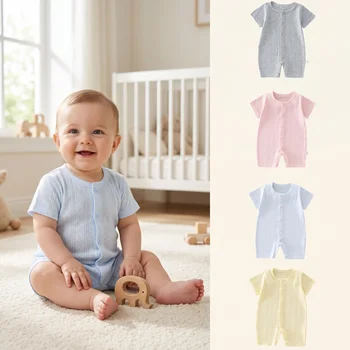 Baby Boys Girls Short Sleeve Jumpsuit Summer Solid Color Breathable Mesh Infant Onesie 0-12M Newborn Daily Comfort Romper 1