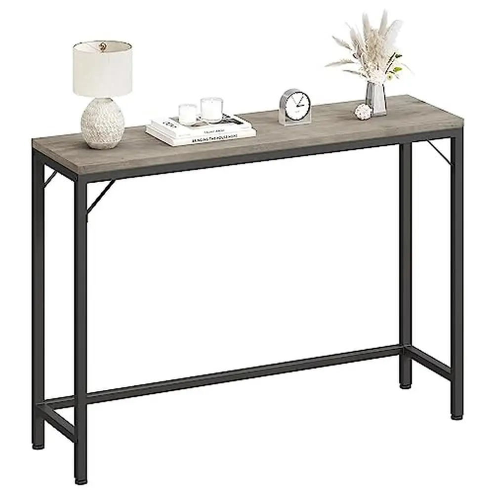 

Narrow Industrial Console Table Entryway Sofa Behind Couch Hallway Grey Rectangle Wood Metal Sturdy 110lbs Cap 39.4"x9.1"x31.4