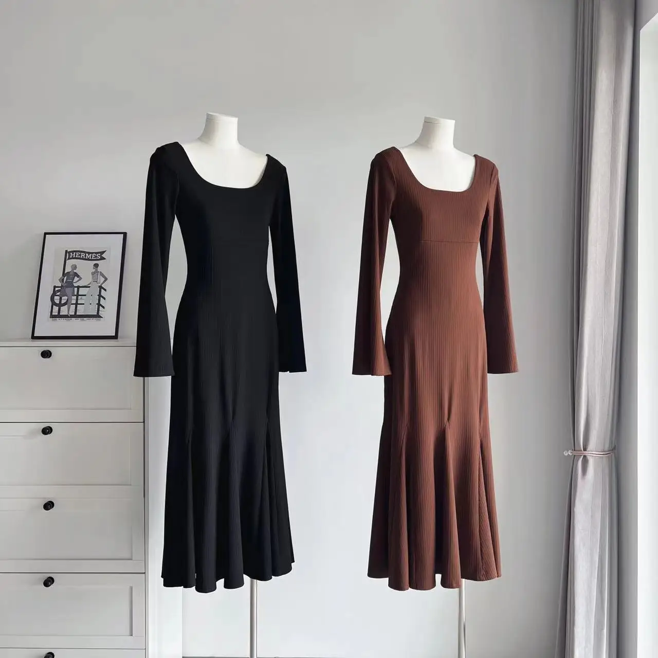 Vestidos largos de moda de otoño para mujer, mangas largas, cuello cuadrado, estilo coreano, corte entallado, sirena, elegantes, básicos, lisos, nuevos
