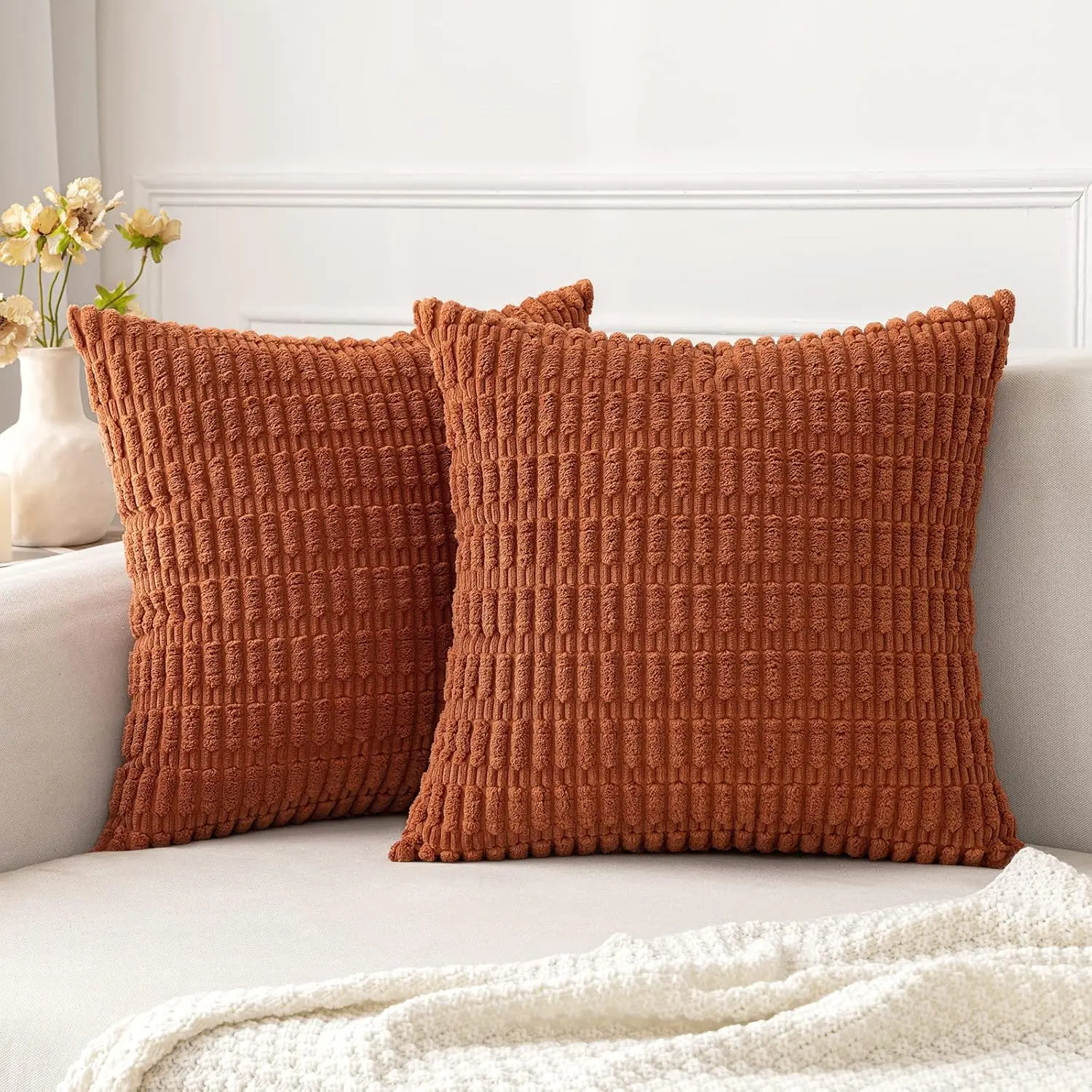 Boho Striped Corduroy Throw Pillow Covers - Soft Farmhouse Decor for Sofa and Bed, 18x18 Inch