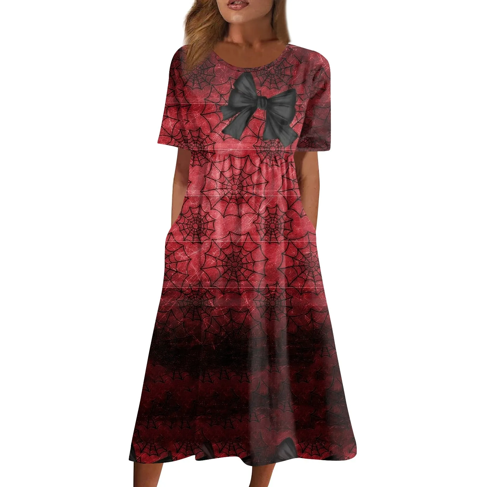 

Women'S Printed Dresses Halloween Printed Pleated Round Neck Basic Classic Outdoor Daily Short Sleeve Loose Dresses セクシー ミニドレス