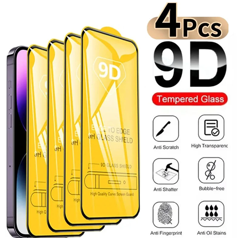

4PCS Tempered Glass for IPhone 11 14 X XR XS 7 8 Screen Protector for IPhone 15 13 Pro Max Mini PLUS 9D Full Cover Glass