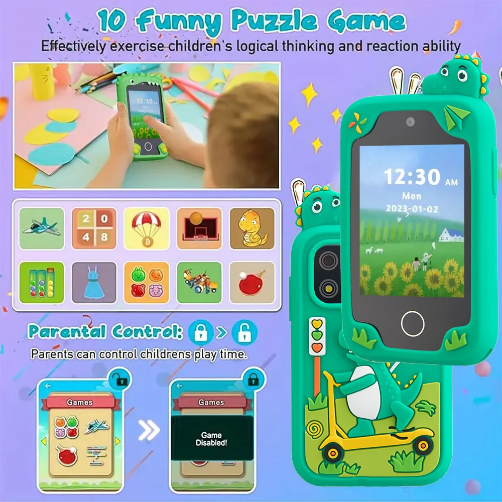 Cartoon Dinosaur Kids Smart Phone Toys Educational Music MP3 Player With Dual Camera for Boys Grils Birthday Christmas Gifts 2