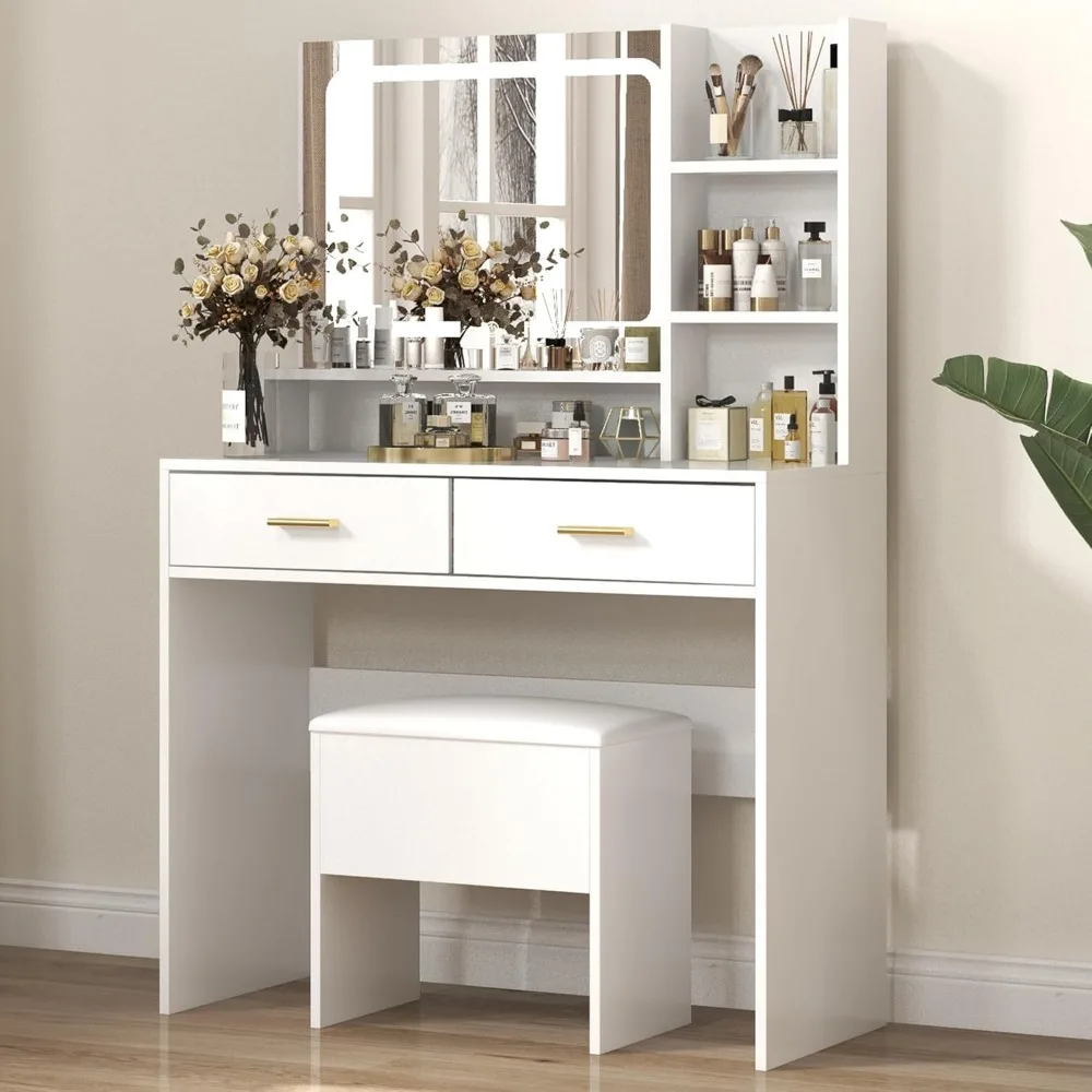 Makeup Vanity with Mirror & LED Lights，Makeup Vanity Table with 2 Drawers & 4 Storage，Small Set Storage Stool