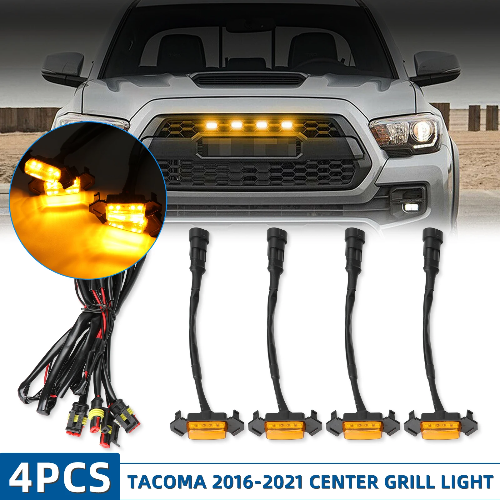 4Pcs Front Grille LED Light Bulbs Kit Mount Smoked Lens Amber Grill LED