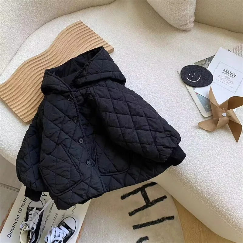 

Handsome Korean Style Children Winter Coat Hooded Single Breasted Solid Color Thermal Cotton Jacket Casual Kids Outerwear