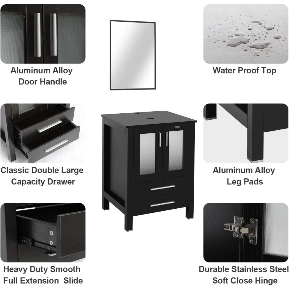 24" Modern Bathroom Vanity Sink Combo Black Stand Cabinet with White Boat Ceramic Vessel Sink & Water Save Faucet & Pop Up Drain 5