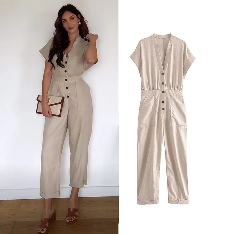 

Jumpsuits Women Summer 2023 New Fashion Slim V-neck Elegant Tooling Women Jumpsuit Holiday Fashion Street Youth Jumpsuit
