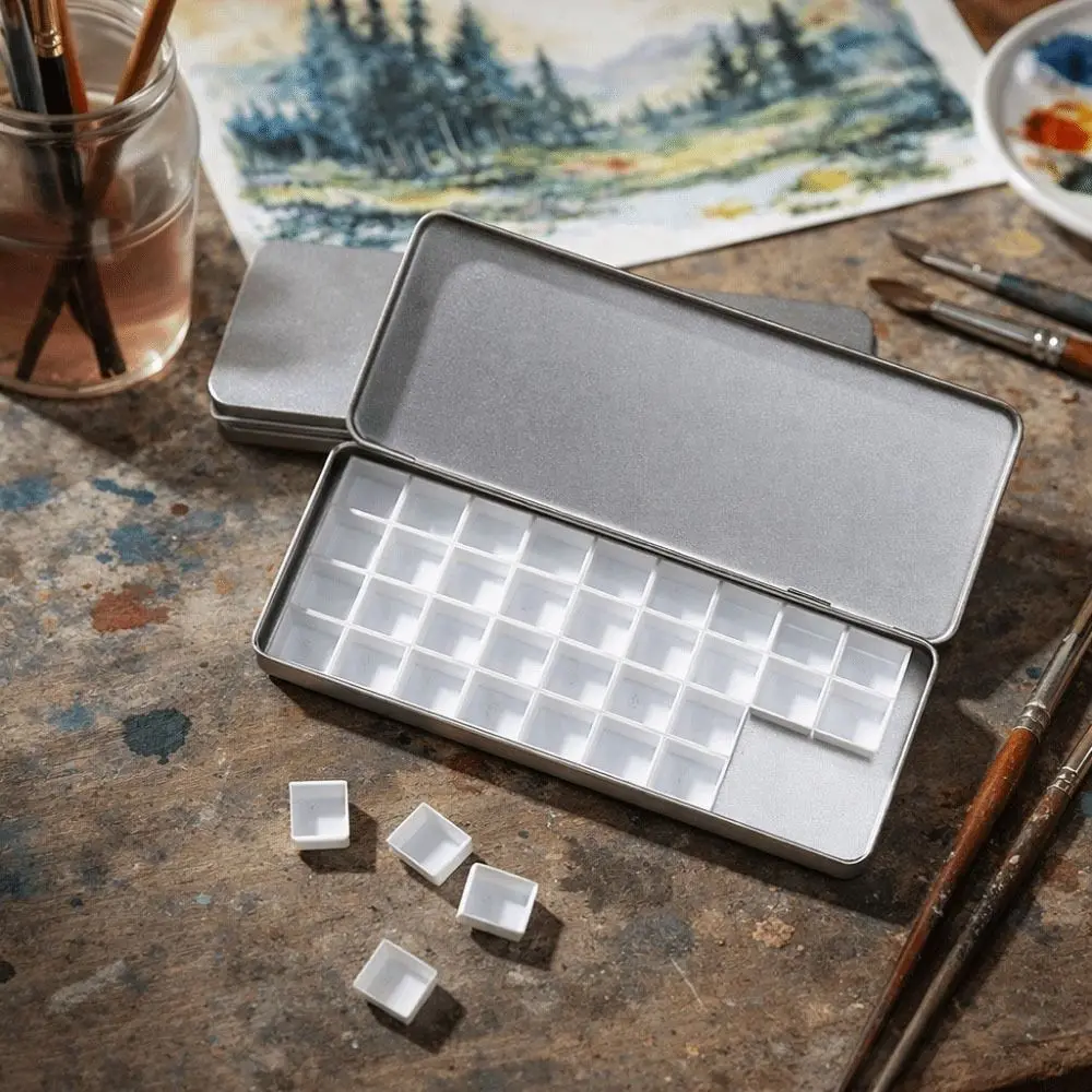 실버 컬러 수채화 포팅 박스 휴대용 빈 페인트 트레이 36칸 분리형 페인트 팔레트 박스 수채화 포장 상자
