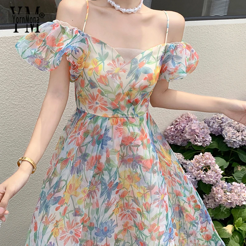 

YornMona Women Dress 2023 Summer Romantic Floral Print Off Shoulders Straps Long Dress Vacation Fashion Korean Party Vestidos