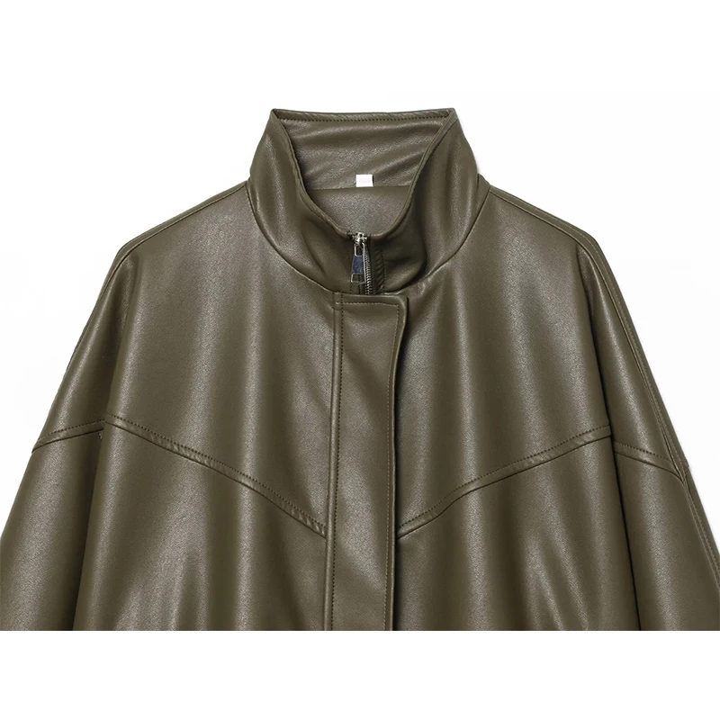 Street PU Leather Women Jacket Y2k Green Long Sleeve Zippers Pocket Female Bomber Jackets Coat 2026 Spring Lady New Outwear ﻿