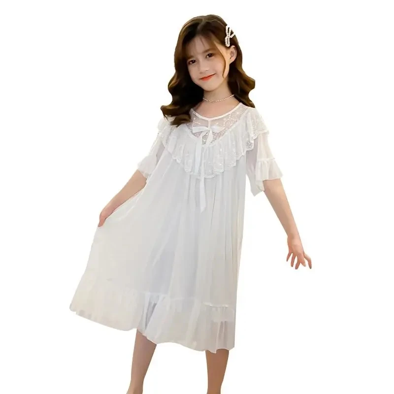 여아 팰리스 스타일 레이스 원피스, 부드러운 통기성 모달 반팔 나이트드레스,  가정 의류, 여름