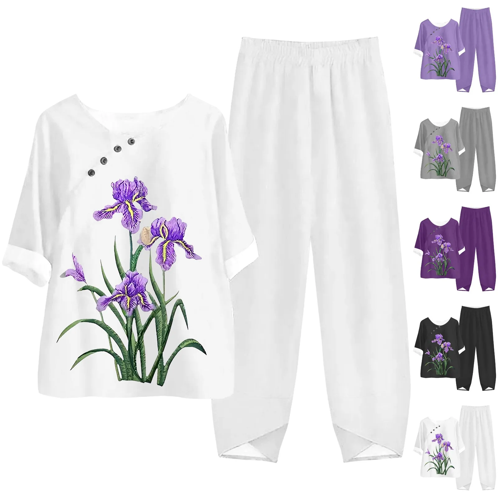 Women Purple Flower Print Casual Cotton And Linen Chic Round Neck Three Quarter Sleeve Trousers Insulated Bib Overalls for Women