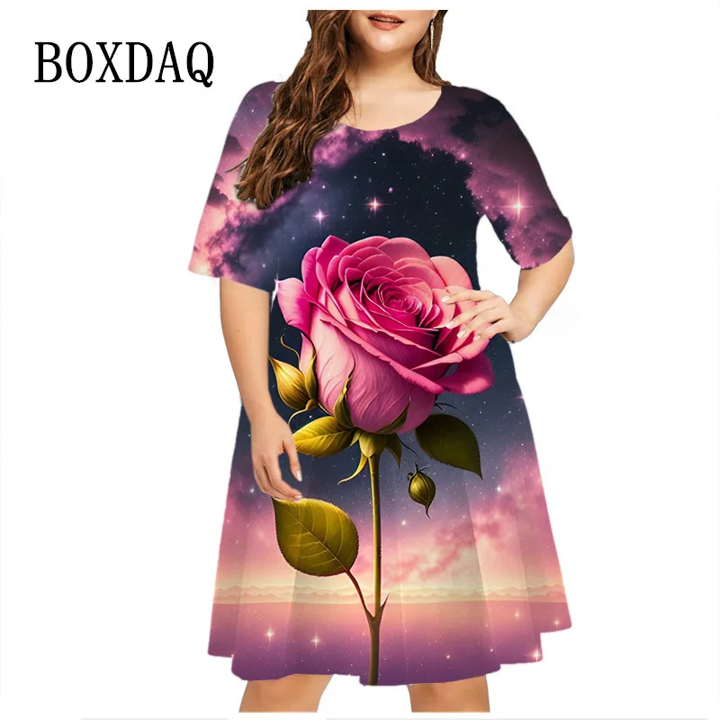 Tie Dye Starry Sky Rose Floral Print Dress Moda Donna Manica Corta Allentato Plus Size Dress Summer Casual Party Mini Dress 6Xl