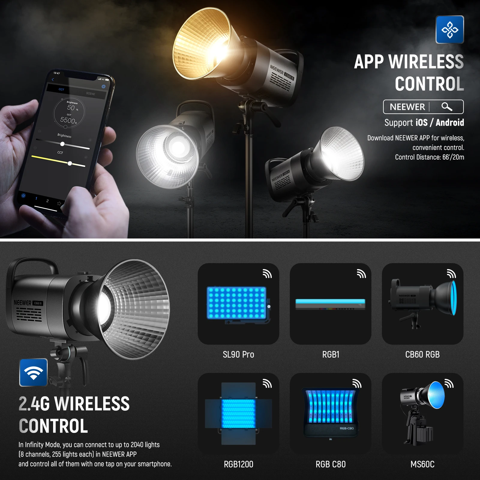 NEEWER CB60B 70W LED Video Light with 2.4G/APP Control, COB Bi 