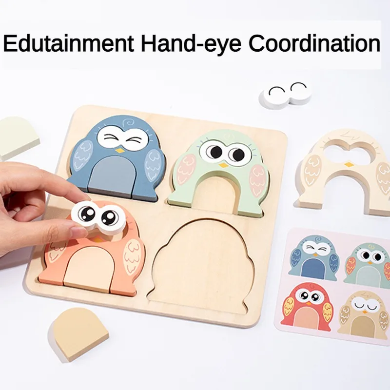Cute Owl Face Changing Puzzle Montessori Wooden Toy Exercises Baby's Recognition of Colors Patterns Education Interactive Game 4