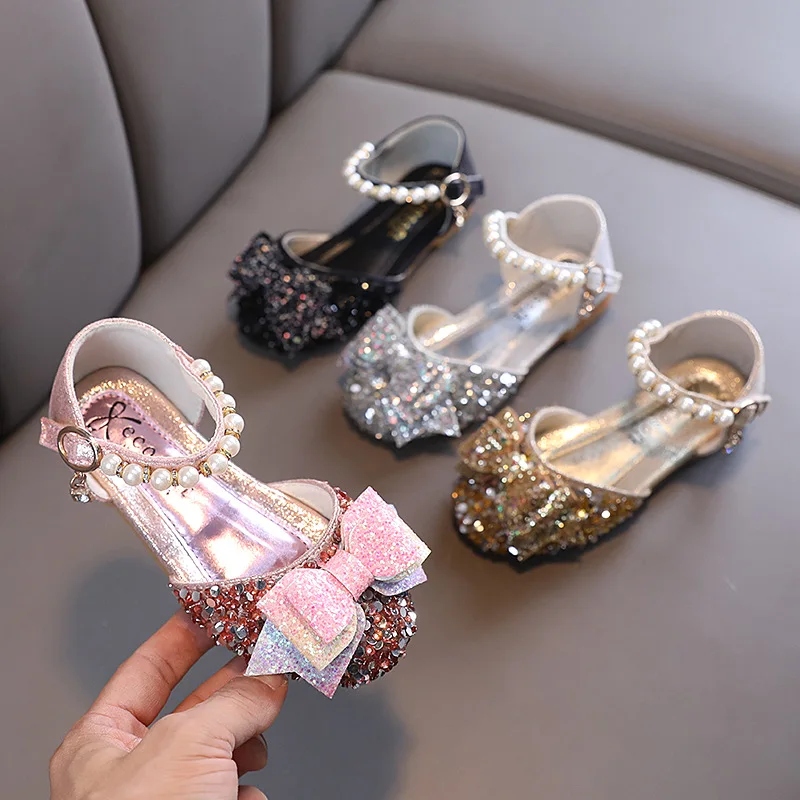 

AINYFU New Girl Princess Sandals Spring Children's Sequins Bow Leather Sandals Fashion Baby Kids Pearl Single Shoes H537