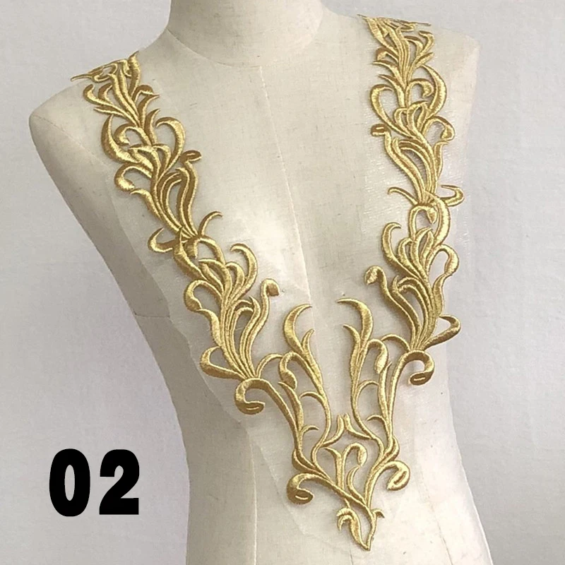 Gold Thread Mesh Embroidery Collar Patch Heavy-Duty Embroidered Gold Lace Appliques DIY Sewing Clothes Decorative Accessories