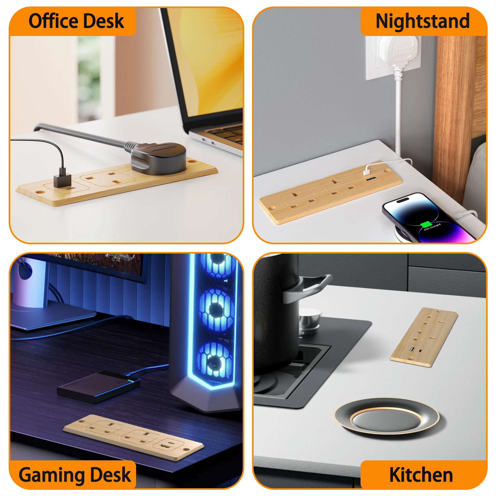 UK Plug Embedded Desktop Socket with USB-A and USB-C PD20W Fast Charging, 2-Meter Extension Cable, Enhanced Safety Features