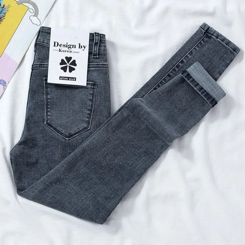 2024 New Spring Autumn Season Blue Pencil Jeans Womens Mid Waist Skinny Vaqueros Fashion Plush Denim Capris Slim Jean Trousers