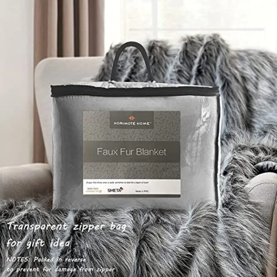 Luxury Faux Fur Blanket King Size Ultra Big Grey and Black High Pile Mixed Faux Fur Throw Blanket Oversized Super Warm Fuzzy El