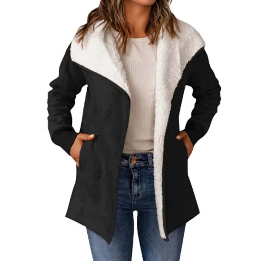 

Long-sleeved Overcoat Plush Lapel Mid Length Lady Cardigan Jacket with Elastic Cuff Pockets for Fall Winter Solid Color Warm