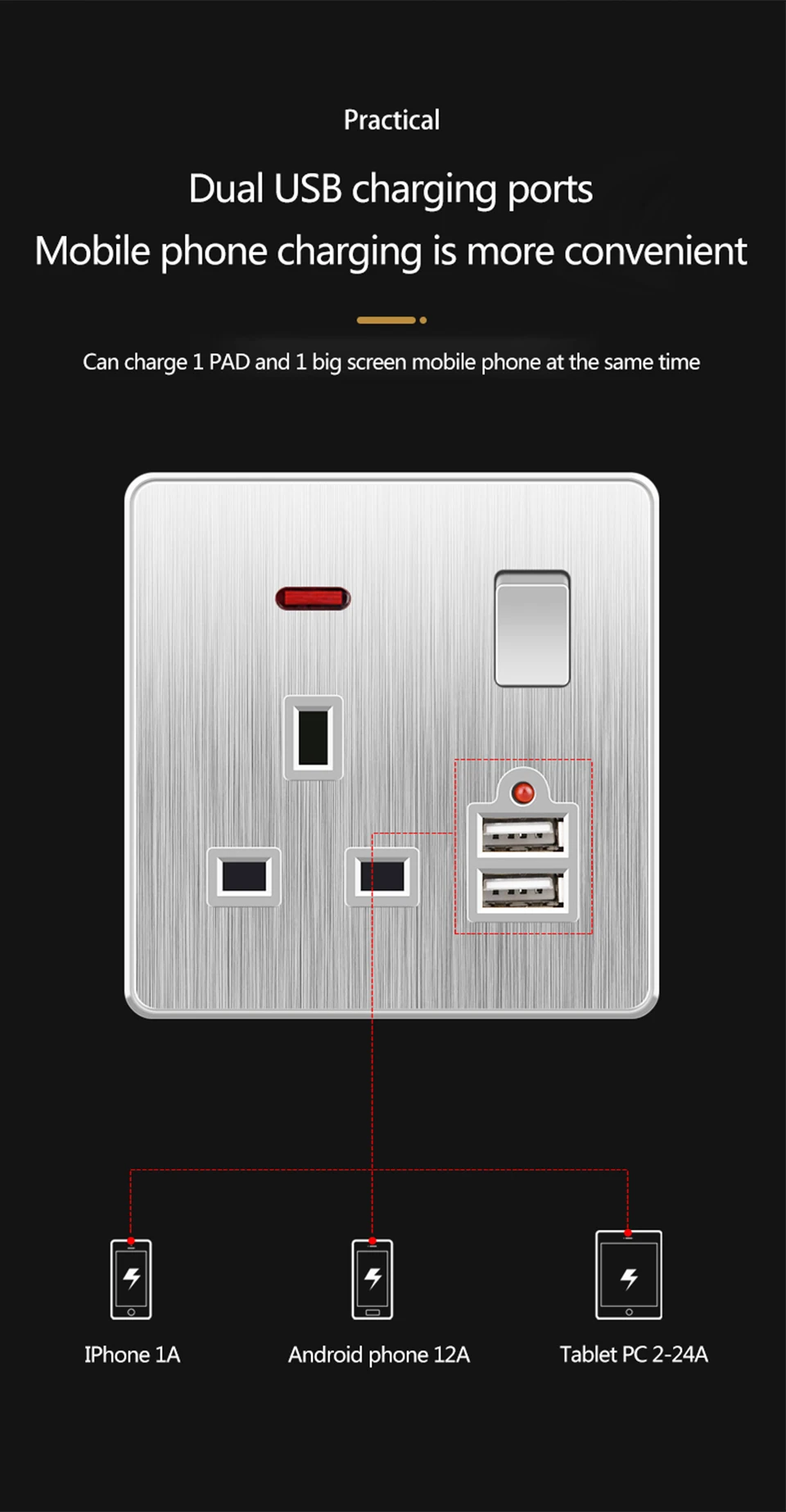 prata escovado painel do computador tv tel usb soquete