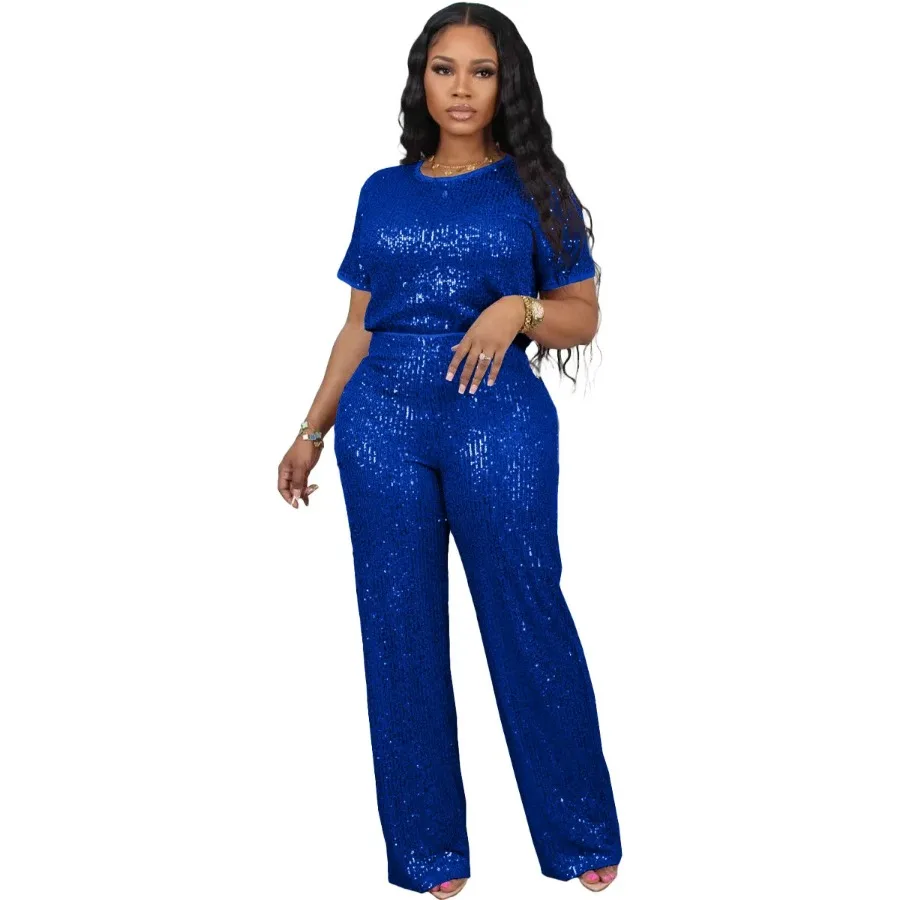 

Spring Women's Set Fashion Solid Color Sequin Round Neck T-shirt Straight Leg Pants Casual Style Commuter Women's Two Piece Set