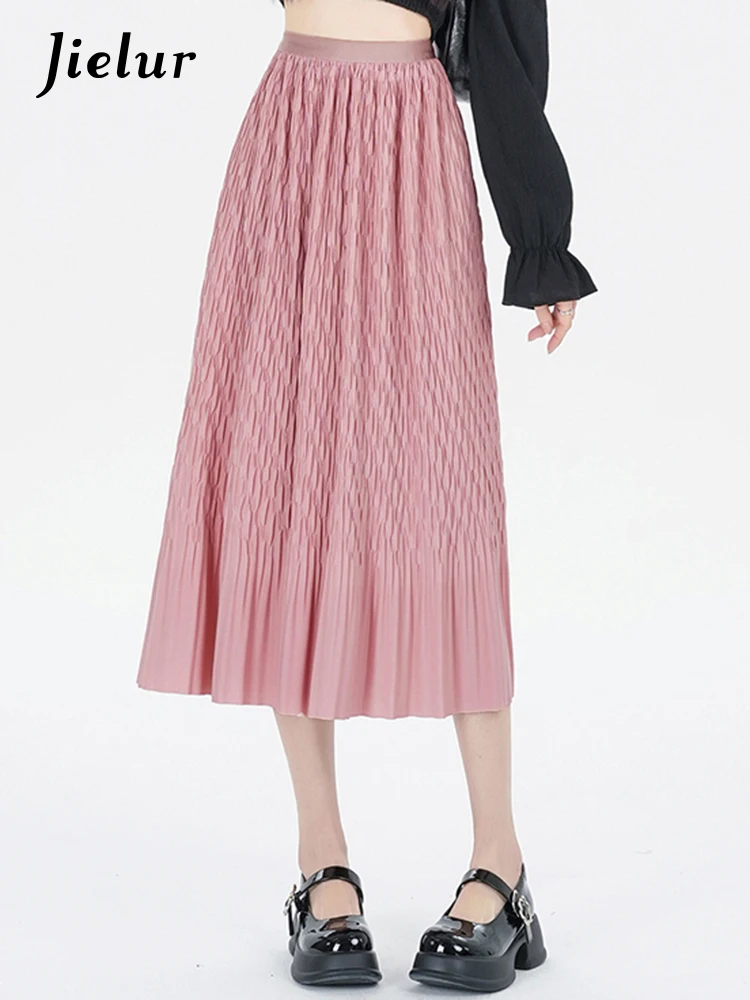 

Jielur Женская плиссированная юбка розовая Повседневная однотонная модная базовая юбка с высокой талией в Корейском стиле, весна