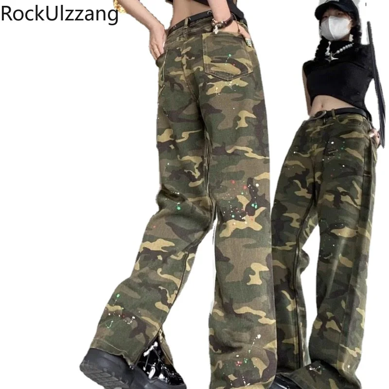 

Camouflage Camo Irregular Ink Print Loose Straight Jeans with Zipper Up Slit Denim Pant plus size jean trouser women y2k pants