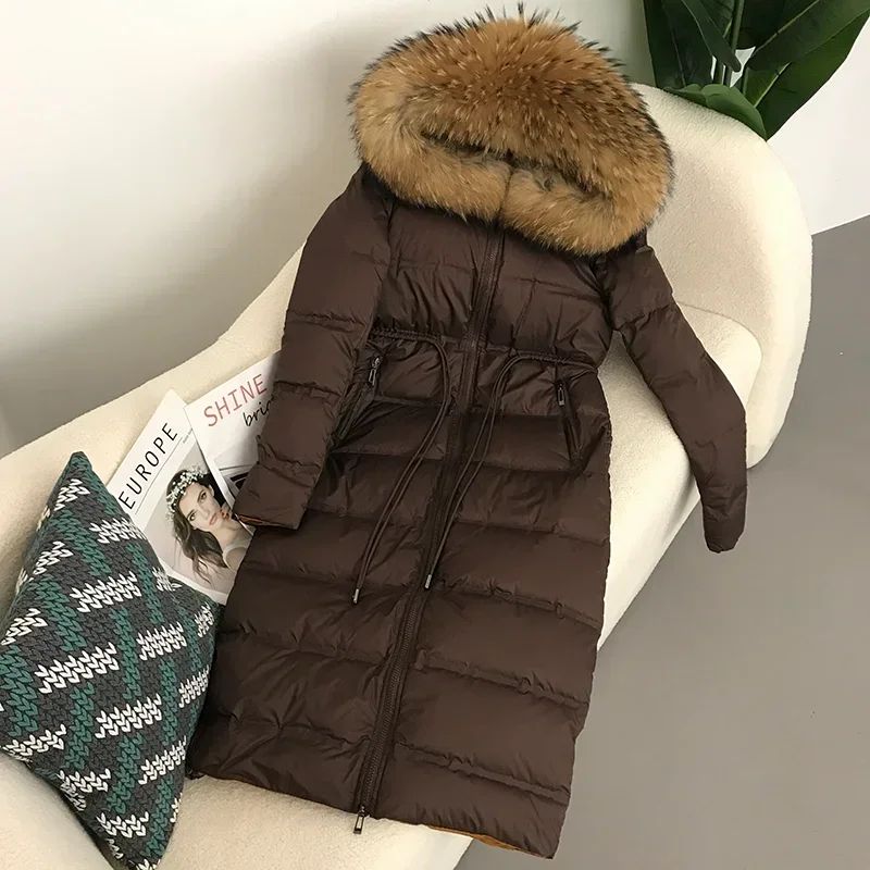 2023 New X-Long Jacket Real Raccoon Fox Fur Collar Hooded Winter Women White Duck Down Female Thick Warm Coat Luxury Outerwear