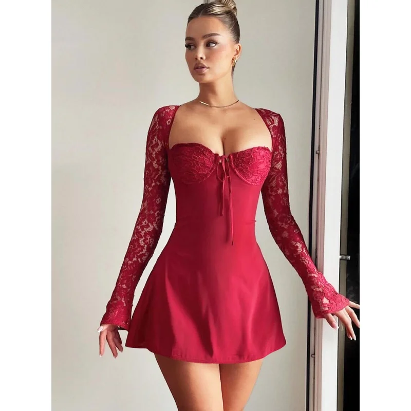 

Elegant Commuter Skirt 2024 Summer Women's New Collection Lace Long Sleeve Sexy Backless Slim Fit Show Chest Sheath Dress