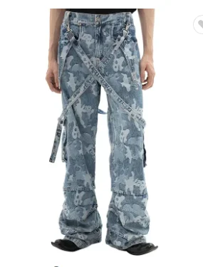 

New Fashion Mens Straight Denim Cargo Pants Biker Jeans Women Baggy Loose Camouflage Jeans With Side Pockets Men Design Trouser
