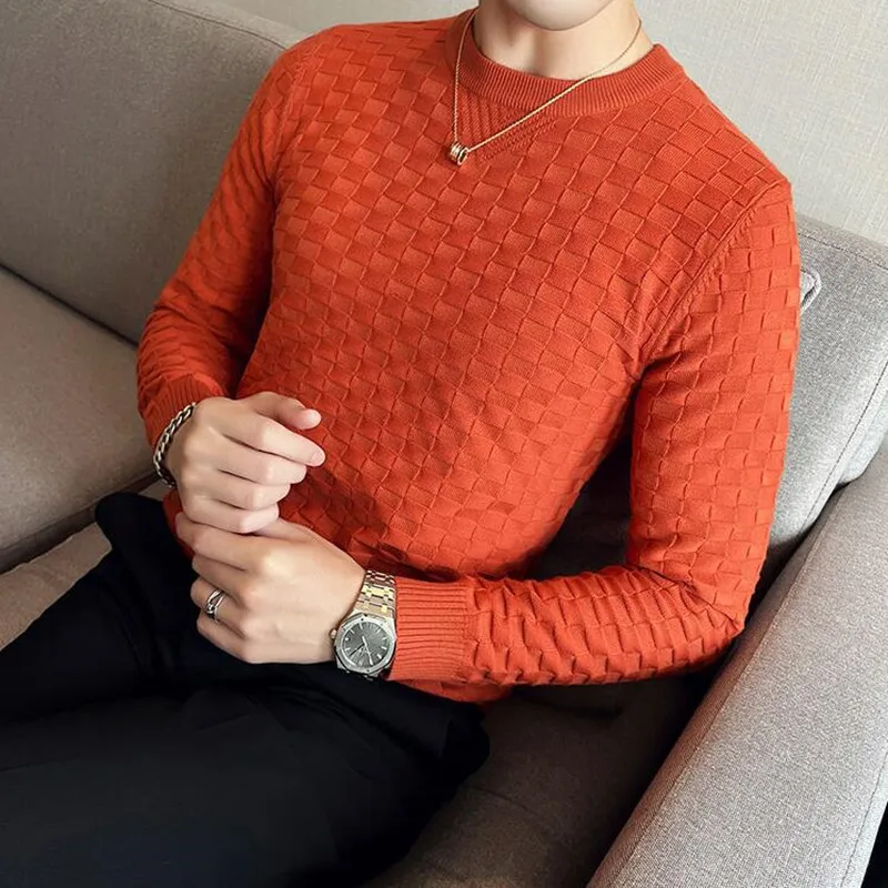 2023 Men's Autumn/Winter Thermal Knit Sweater/Male Slim Fit Plaid Fashion Round Collar Set Head Sweaters Jumper Casual Sweater