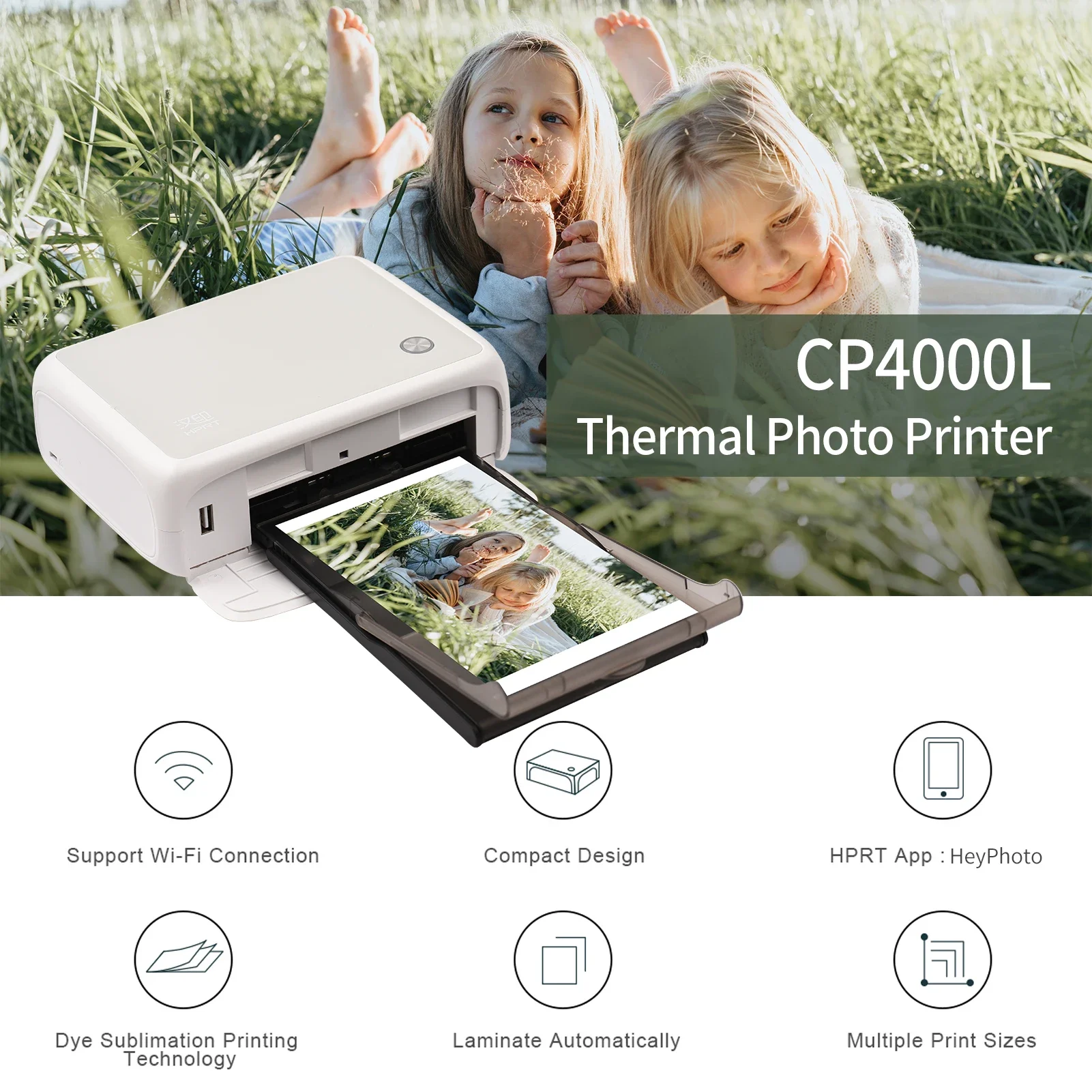 HPRT CP4000L 용 휴대용 컬러 포토 프린터, 무선 컴팩트 가정용 미니 포토 프린터, 인화지 및 컬러 리본 포함