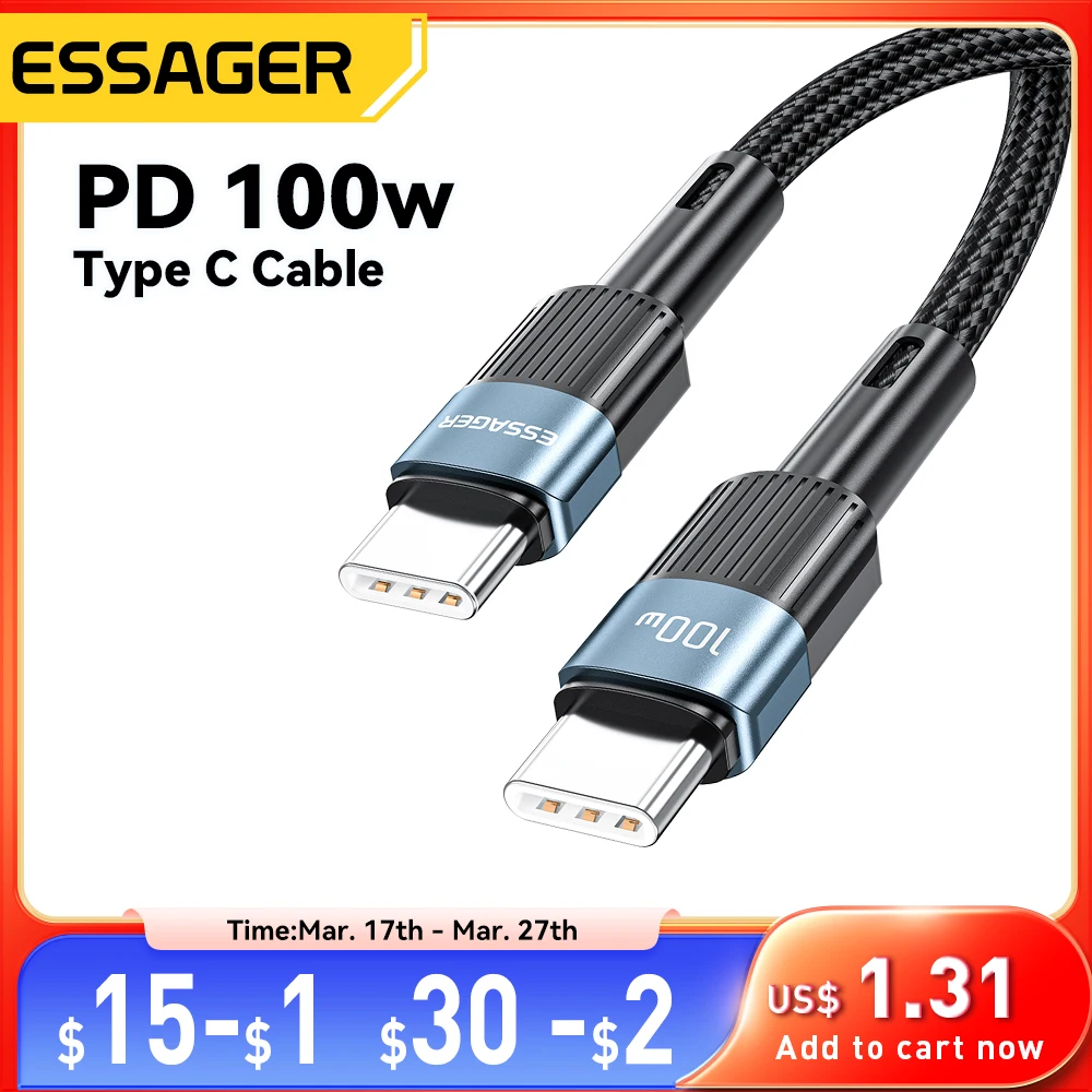 Essager USB C To Type C Cable PD100W 60W Fast Charging Wire USB-C Charger Data Cord For Macbook Samsung Xiaomi Type-C Cable 3M essager usb c to type c cable pd100w 60w fast charge mobile cell phone charging cord wire for xiaomi samsung huawei macbook ipad