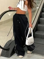Y2K Casual Striped Contrasting Elastic Waist Workwear Parachute Pants Women's Mid-Rise Drawstring Wide Leg Loose Fit Cargo Pants - Image 4