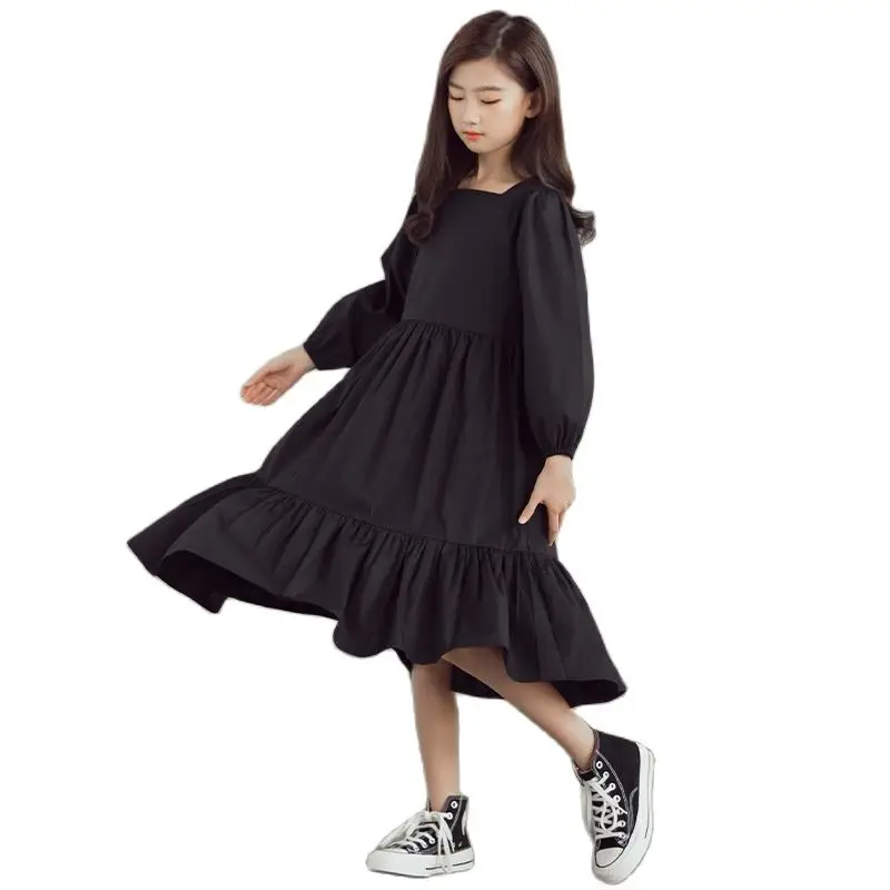 Spring Korean Style Ruffles Dresses For Teenage Girls Square Collar Cotton Solid Loose Midi Dress Kids Children Clothes 13 14 16