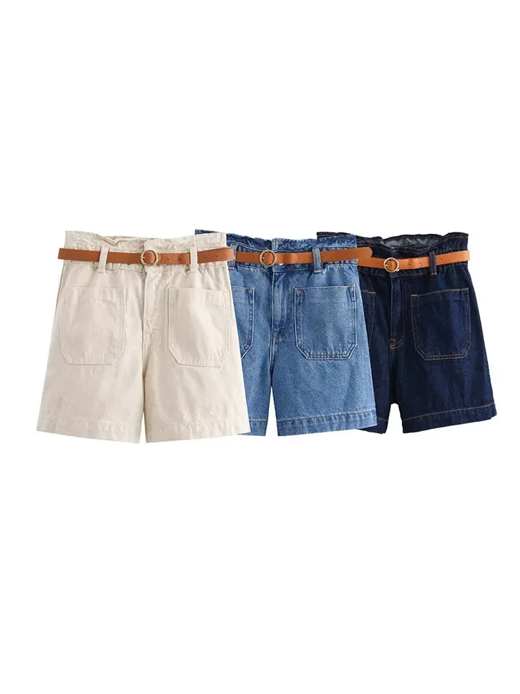 

HH TRAF 2024 Female Retro Solid Denim Short Trousers Versatile Loose Solid With Belt Pocket High Waist Summer Elegant Shorts