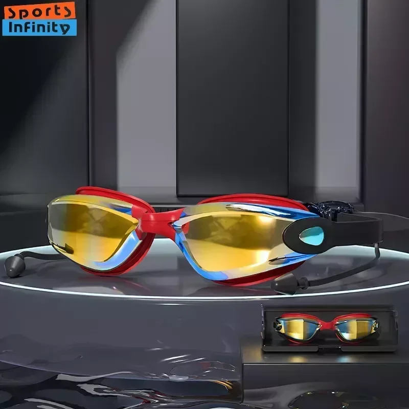 High Definition Swimming Goggles Waterproof and Anti Fog Electroplated Swim Goggles Swim Eyewear with Integrated Earplugs Box 4