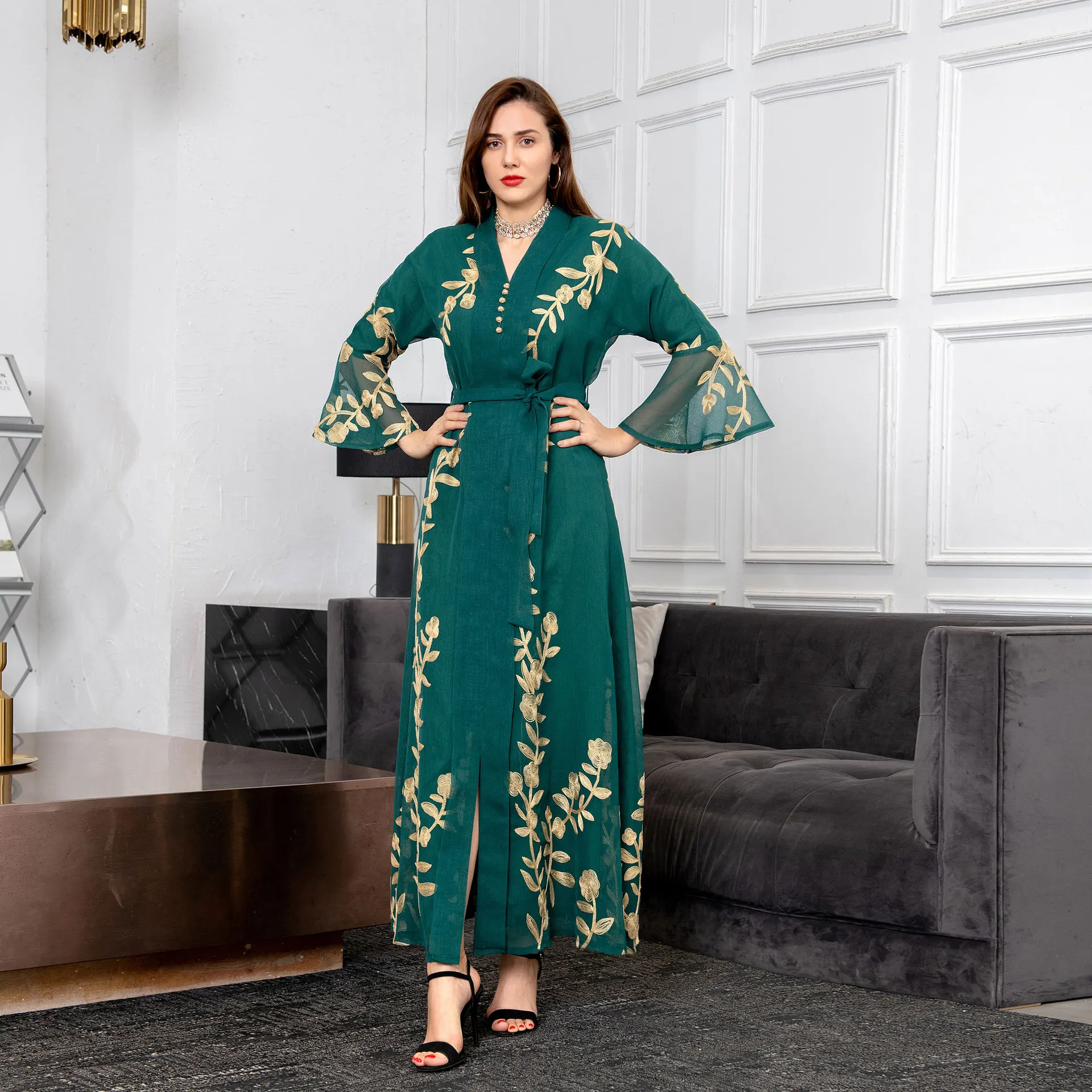 AB170 Muslim Four Seasons Gauze Embroidered Robe European American Women's Temperament Evening Dress Arab Dress