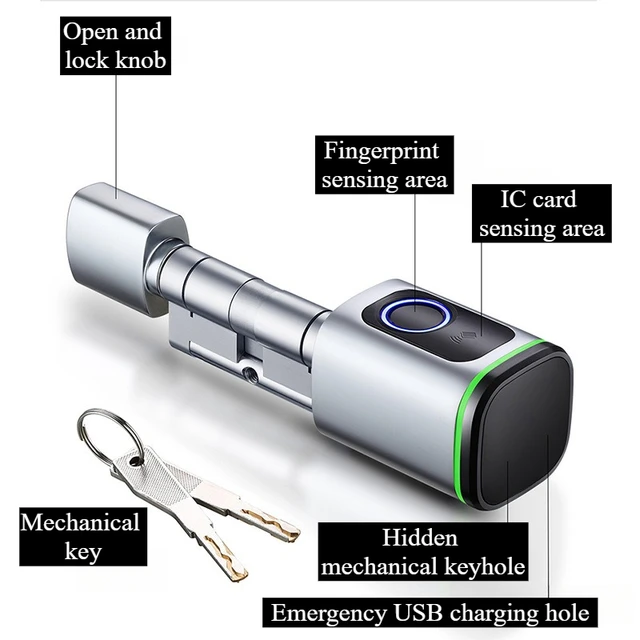 Smart Cylinder Lock With Bluetooth Fingerprint 13.56mhz IC Card Include CR123A Battery Easy Installation 2